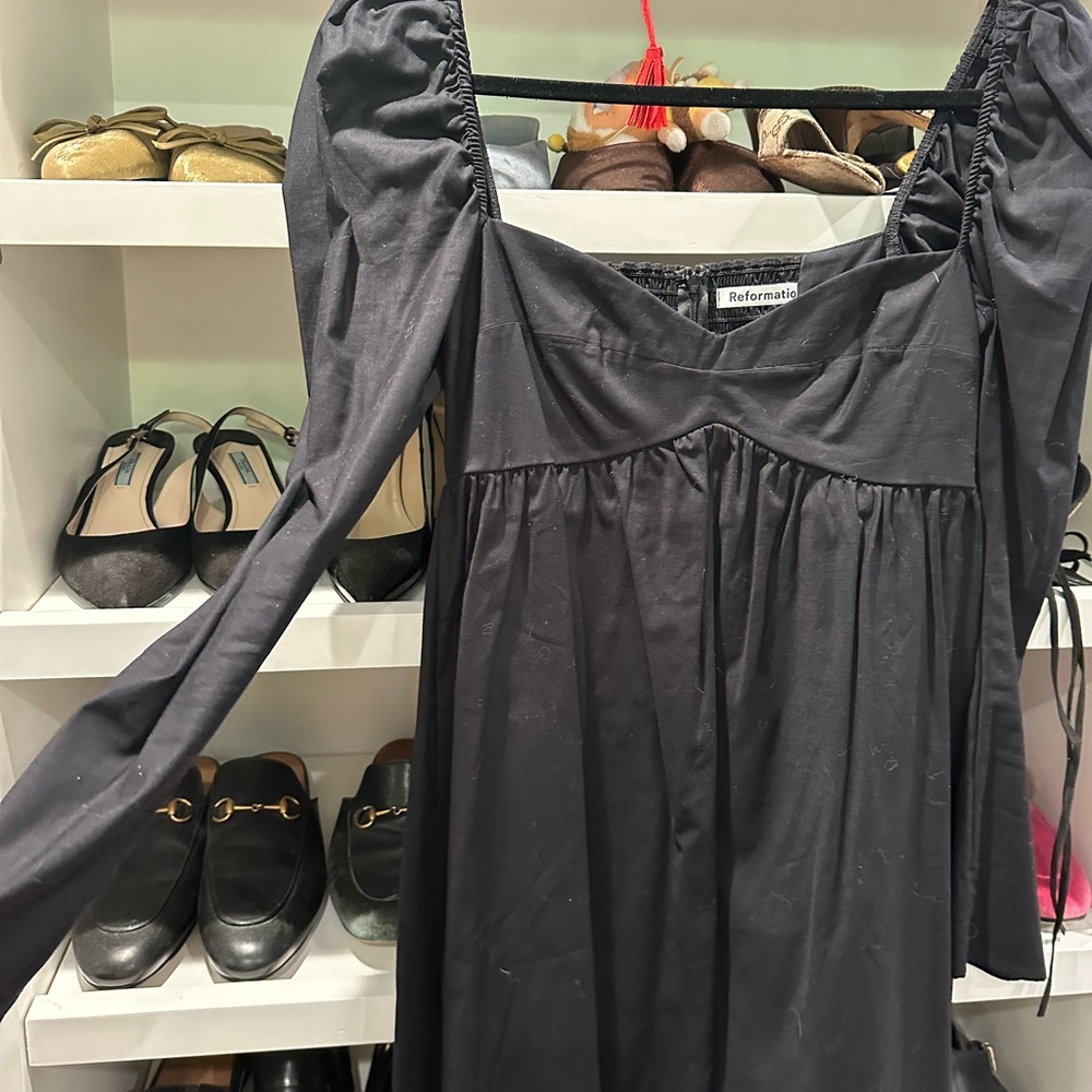 Reformation Gray Ruched Smocked Sundress Long Sleeve